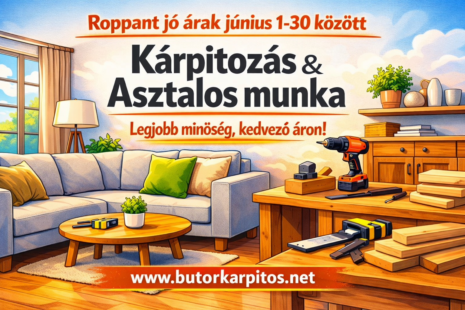 Világos nappali kanapéval, asztallal és barkácsműhelyasztallal, fúróval, szövegkiemeléssel: Kárpitozás & Asztalos munka.